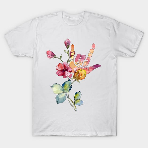 ASL Sign Language Shirt Deaf Interpreter ILY Sign Floral Watercolor Cute Gift T-Shirt by flytogs